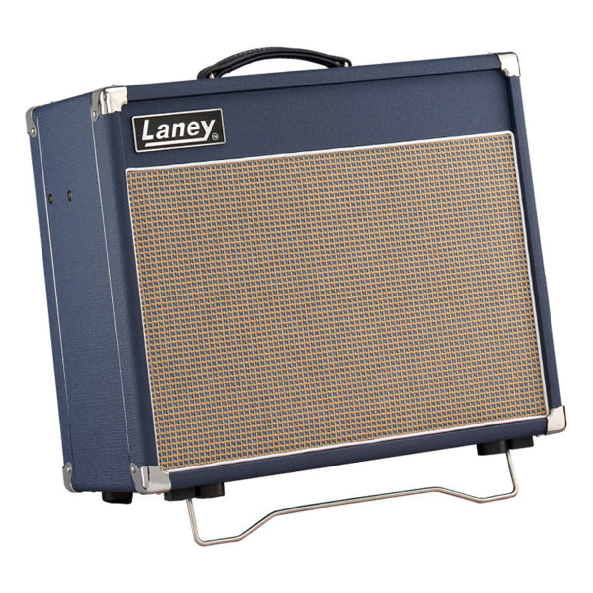 Laney Lionheart L20T-112 left three-quarter view of the blue tolex combo amp with beige grille cloth, chrome corners and a folding tilt-back stand