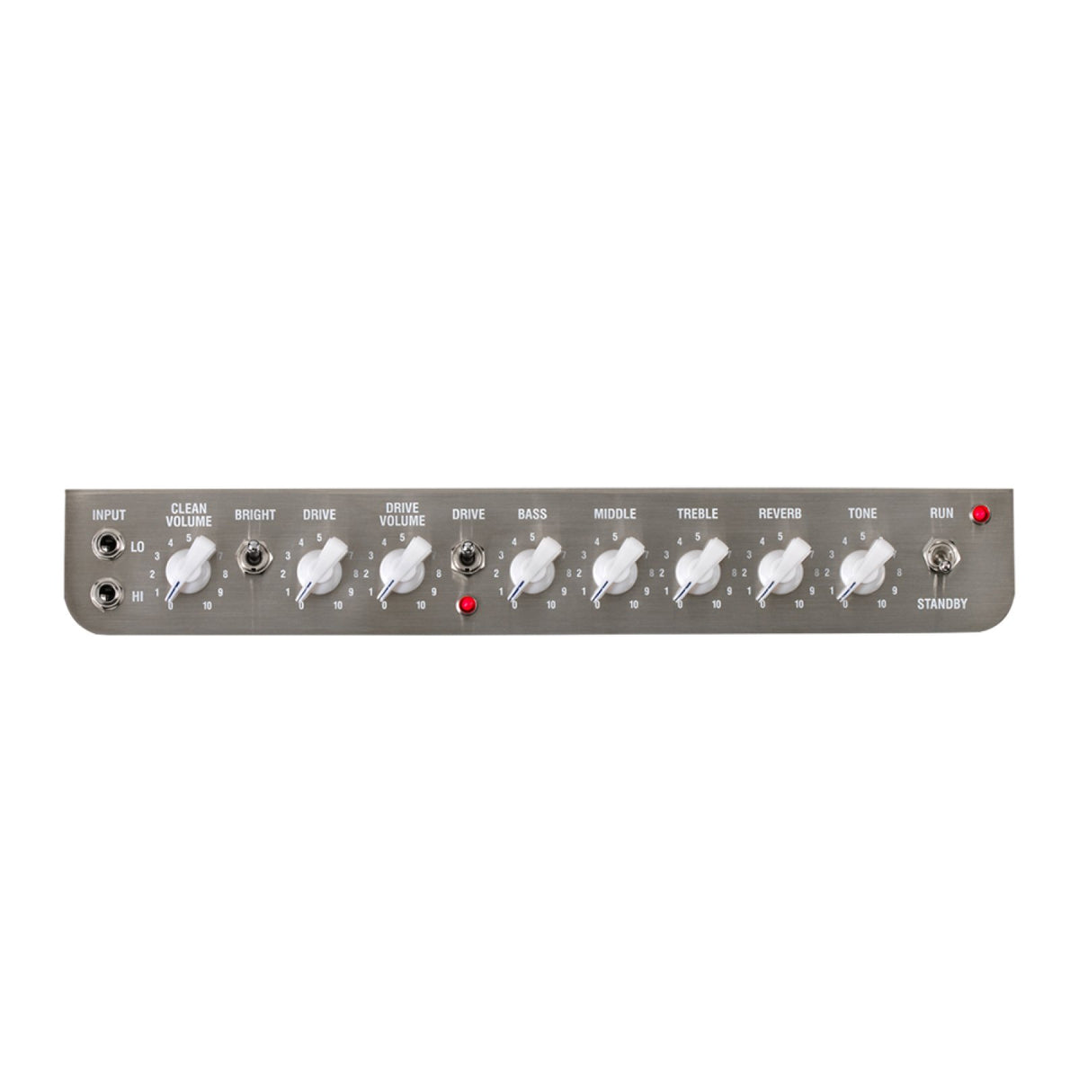 Laney Lionheart L20T-112 control panel with two inputs and clean volume, bright, drive, drive volume, bass, middle, treble, reverb and tone knobs