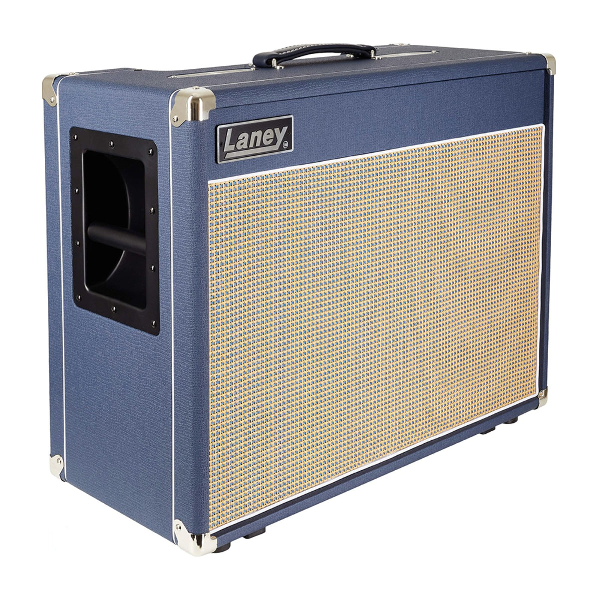 Laney Lionheart L20T-212 left three-quarter view of the blue tolex 2x12 combo amp with beige grille cloth, chrome corners and recessed side handle