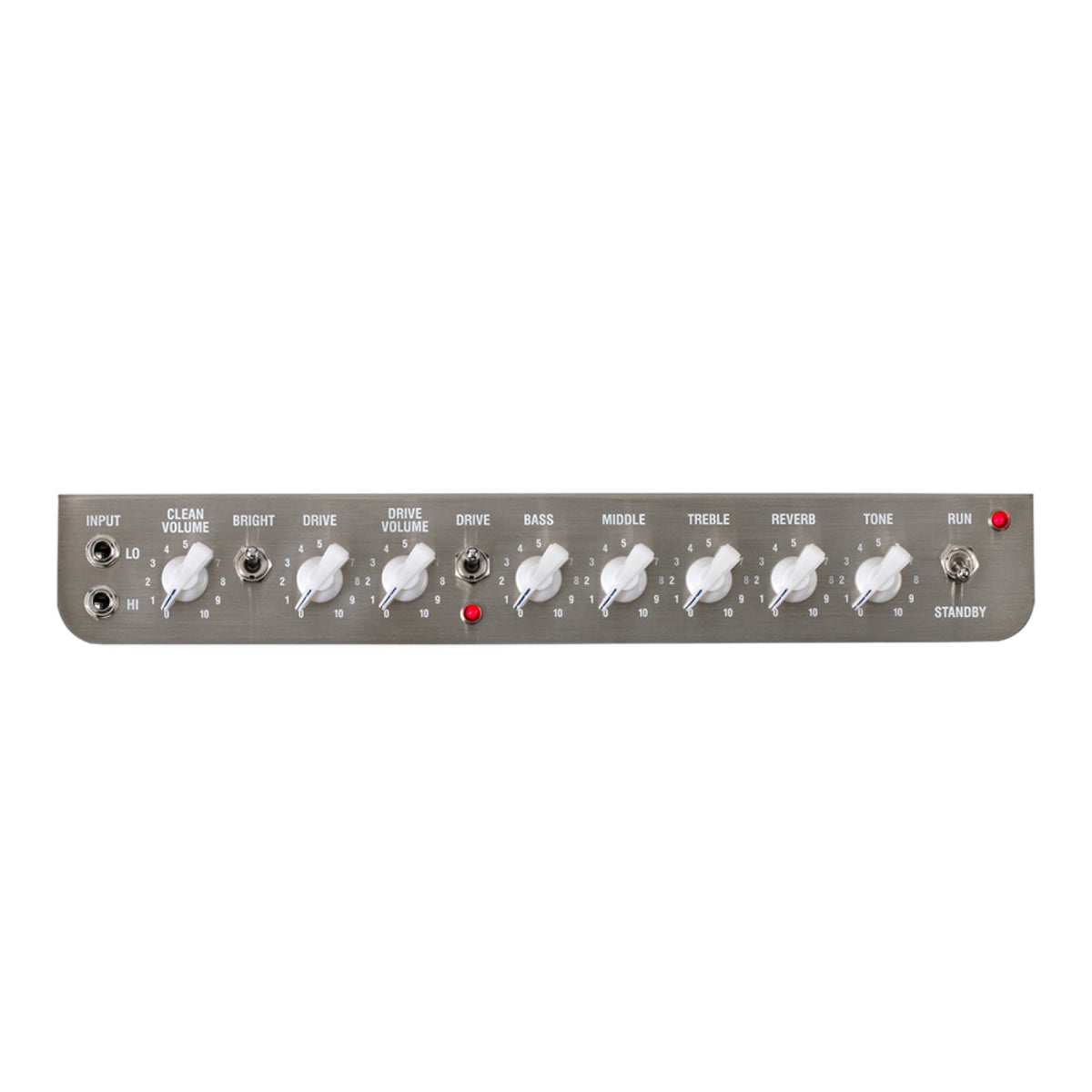 Laney Lionheart L20T-212 control panel with two inputs and clean volume, bright, drive, drive volume, bass, middle, treble, reverb and tone knobs