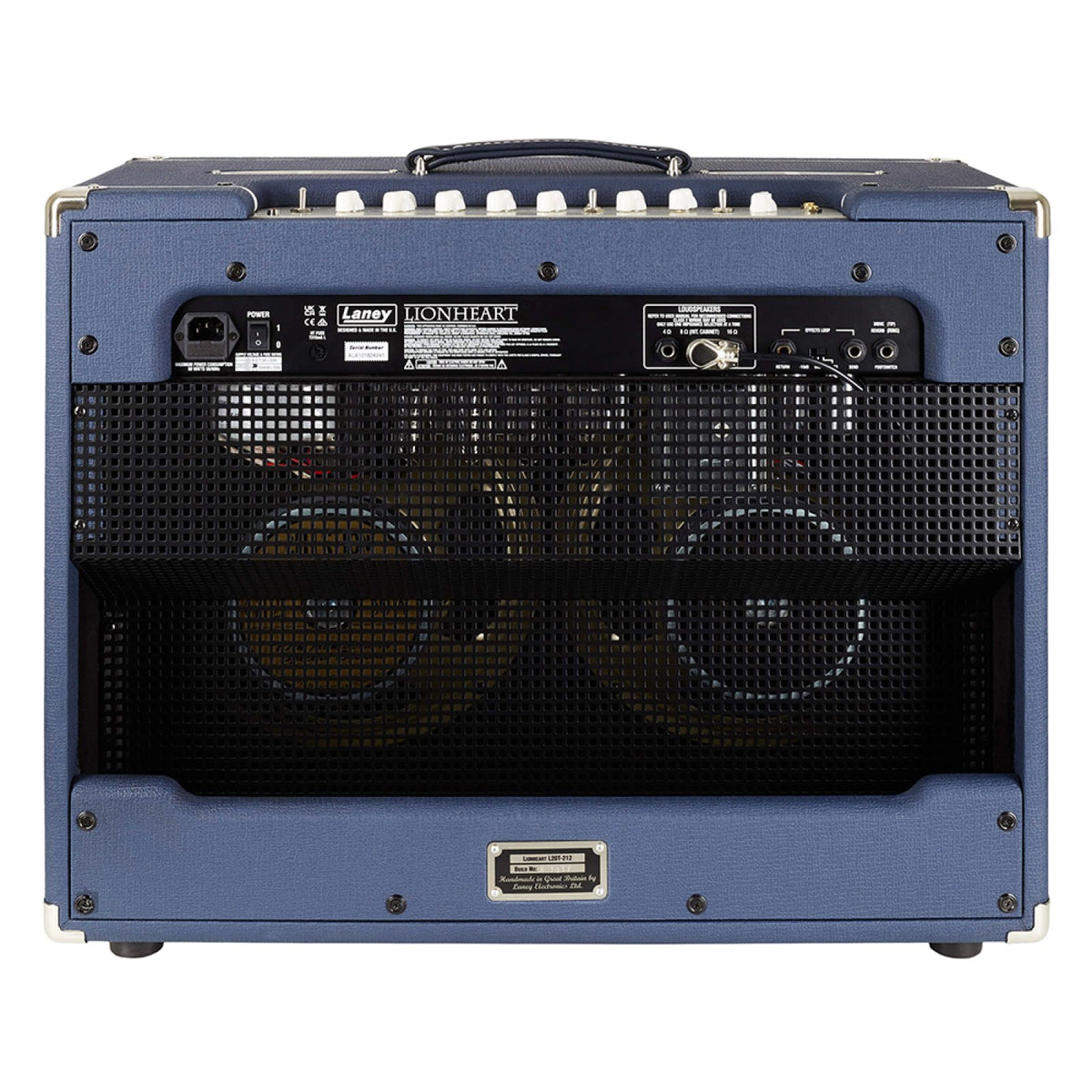 Laney Lionheart L20T-212 rear of the open-back 2x12 combo showing both speakers, tubes and rear panel connections