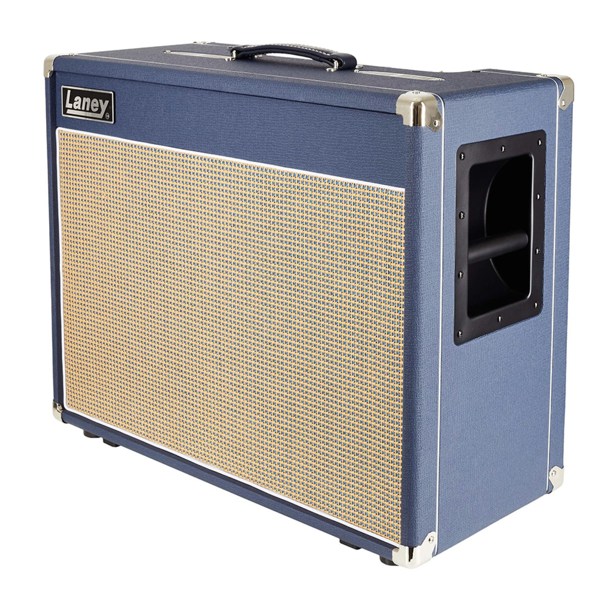 Laney Lionheart L20T-212 right three-quarter view of the blue tolex 2x12 combo amp with beige grille cloth and side handle