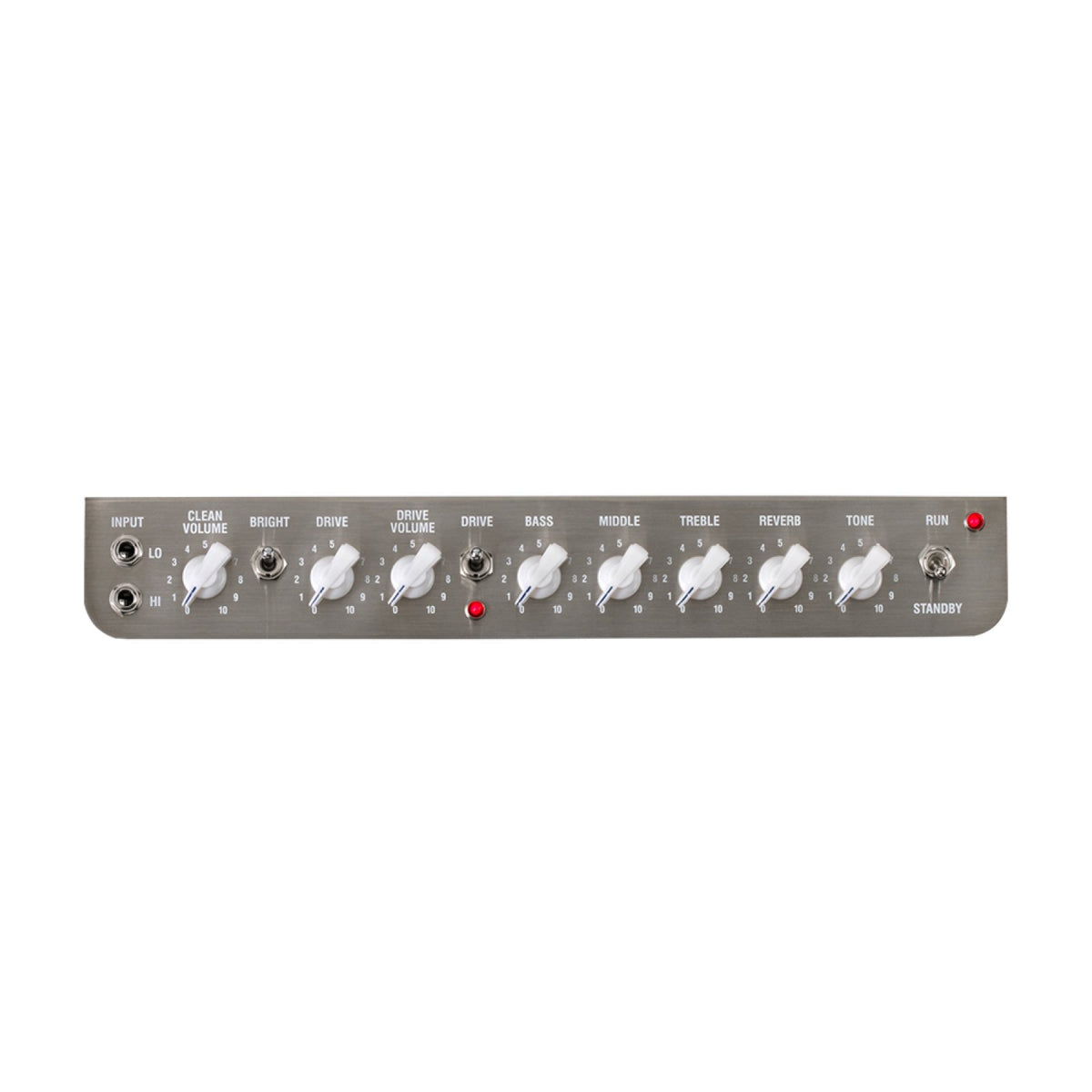 Laney Lionheart L5T-112 control panel with two inputs and clean volume, bright, drive, drive volume, bass, middle, treble, reverb and tone knobs