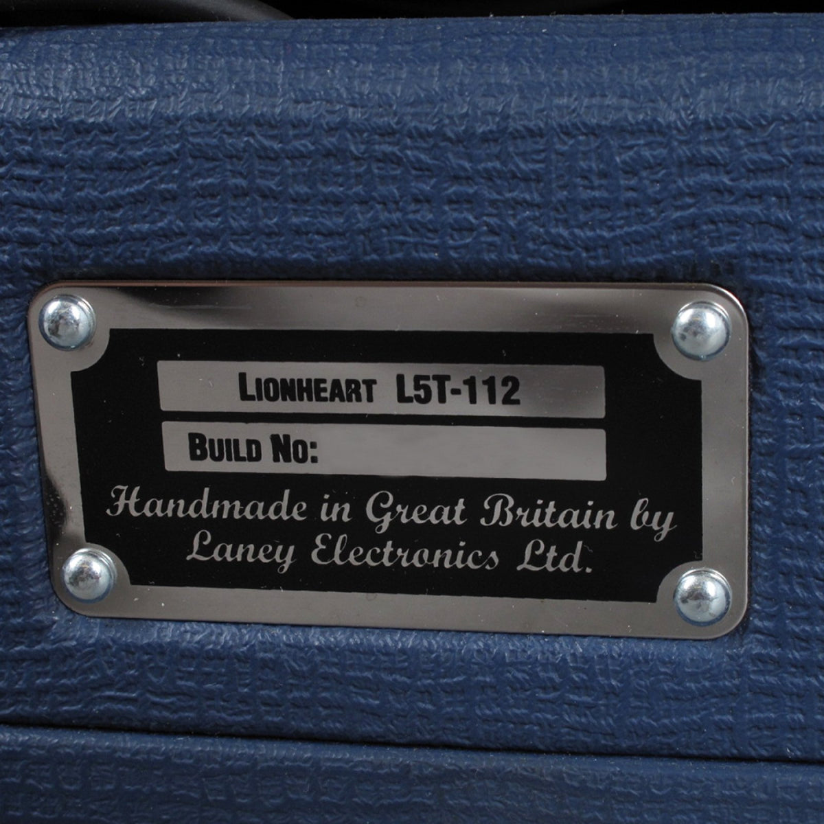 Laney Lionheart L5T-112 close-up of the nameplate reading Handmade in Great Britain by Laney Electronics Ltd