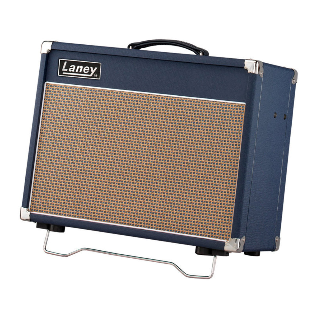 Laney Lionheart L5T-112 right three-quarter view of the blue tolex combo amp on its folding tilt-back stand