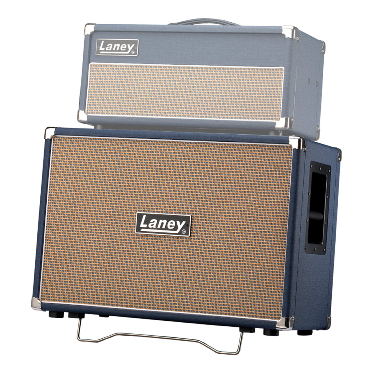 Laney Lionheart LT212 2x12 guitar cabinet paired with a Lionheart head on top