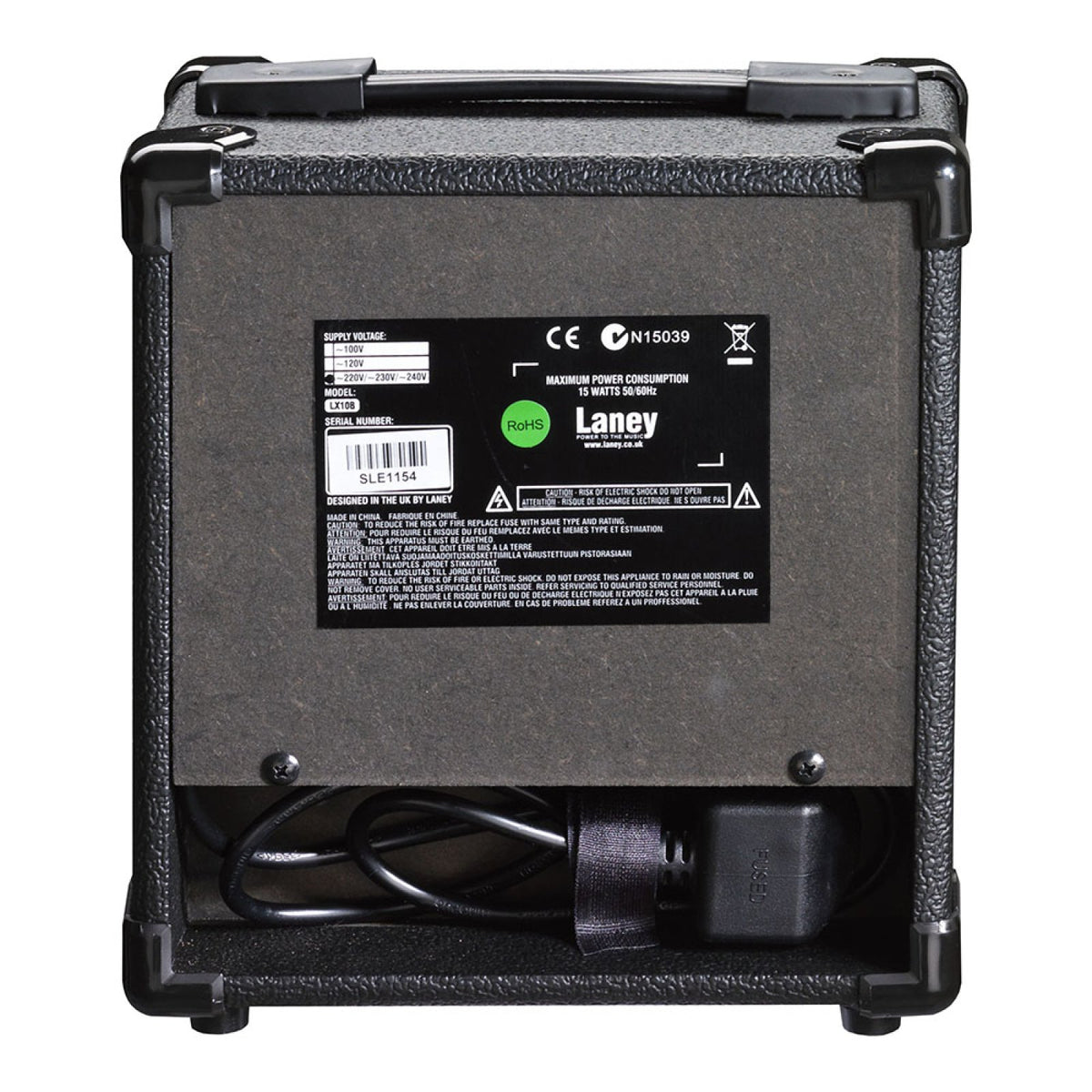 Rear of the Laney LX10B bass combo amp showing the back panel label and power cable storage