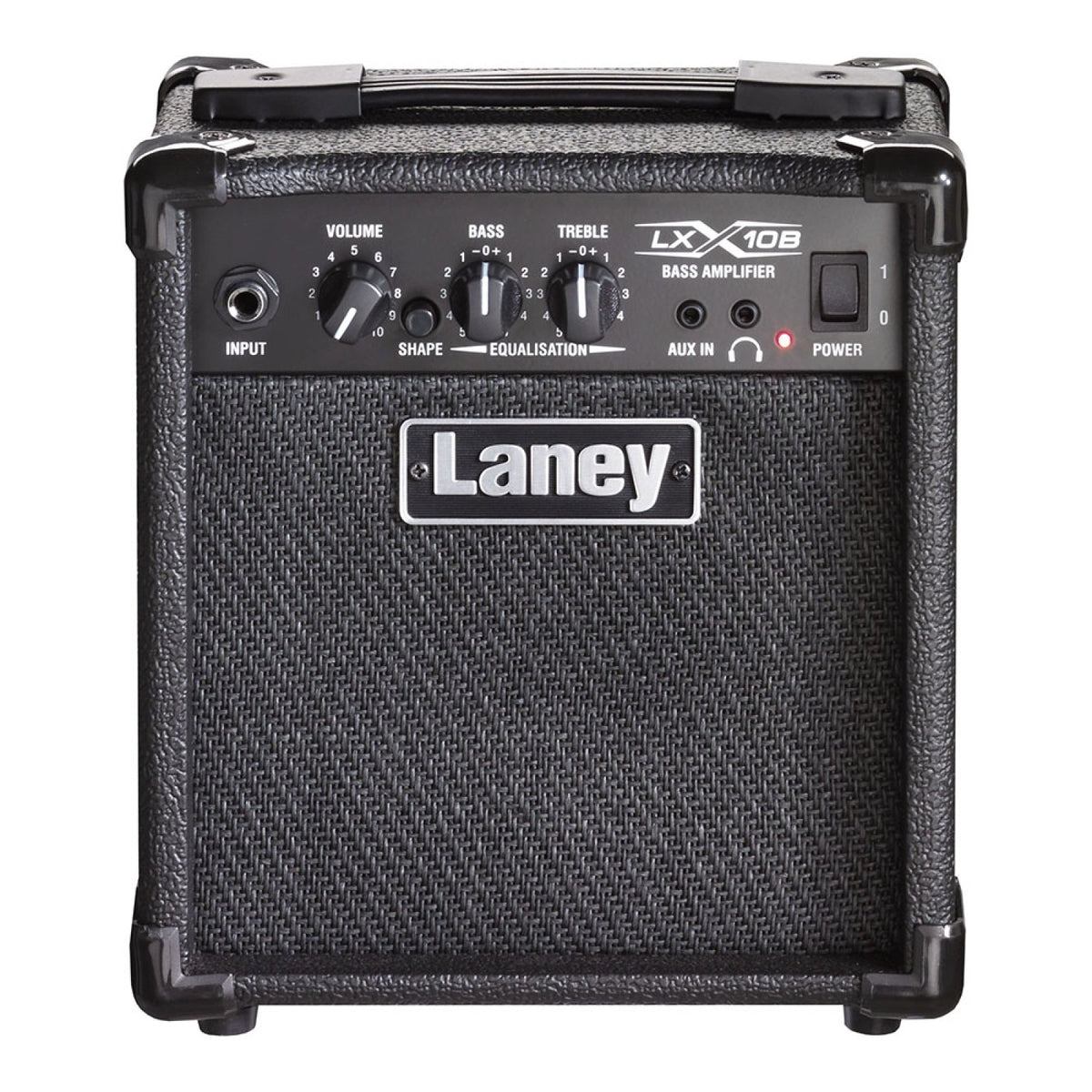 Laney LX10B bass combo amp in black, straight front view showing volume, bass and treble knobs
