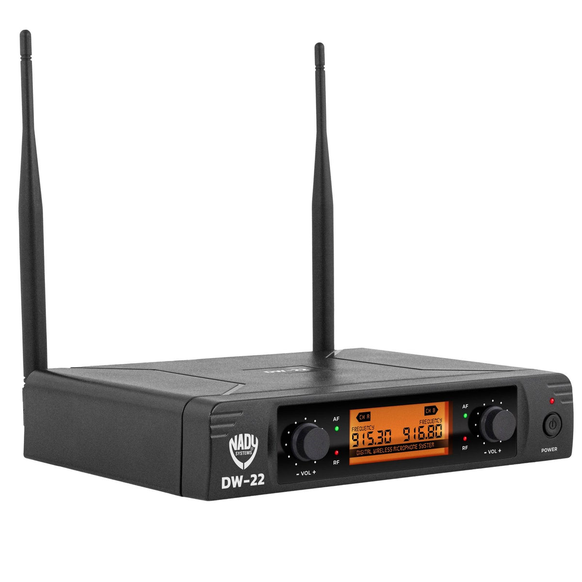 Nady DW-22 dual digital wireless receiver, front panel angled view with orange display and two antennas