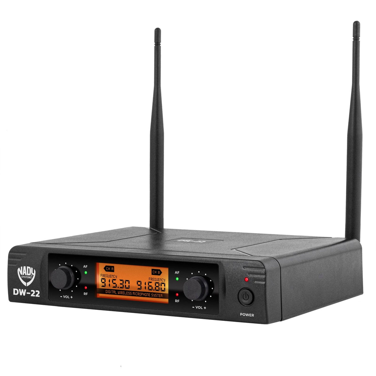 Nady DW-22 dual digital wireless receiver, front panel with volume knobs and frequency display