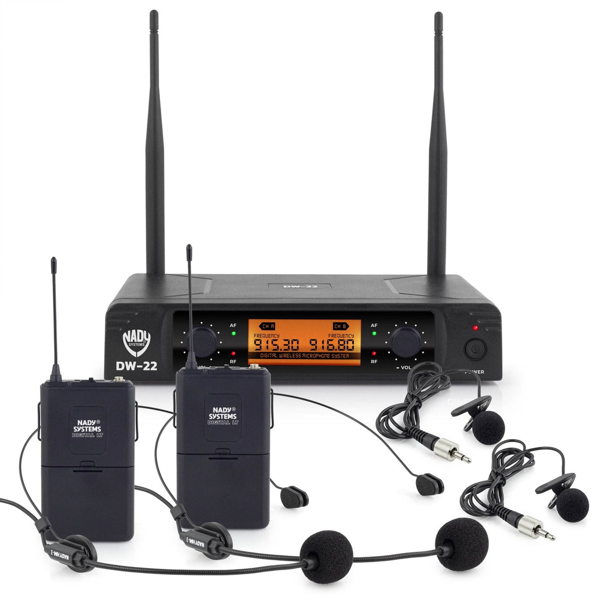 Nady DW-22 receiver with two bodypack transmitters, lapel microphones and headset microphones, alternate view