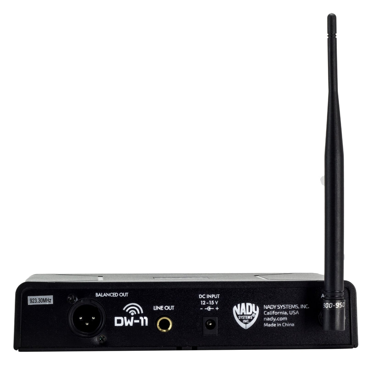 Rear panel of the Nady DW-11 receiver with balanced XLR out, line out and DC input