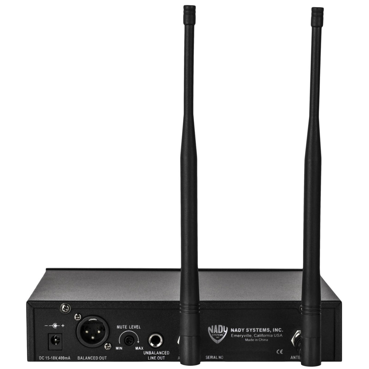 Nady W-1KU receiver rear panel with XLR and line outputs and two antennas