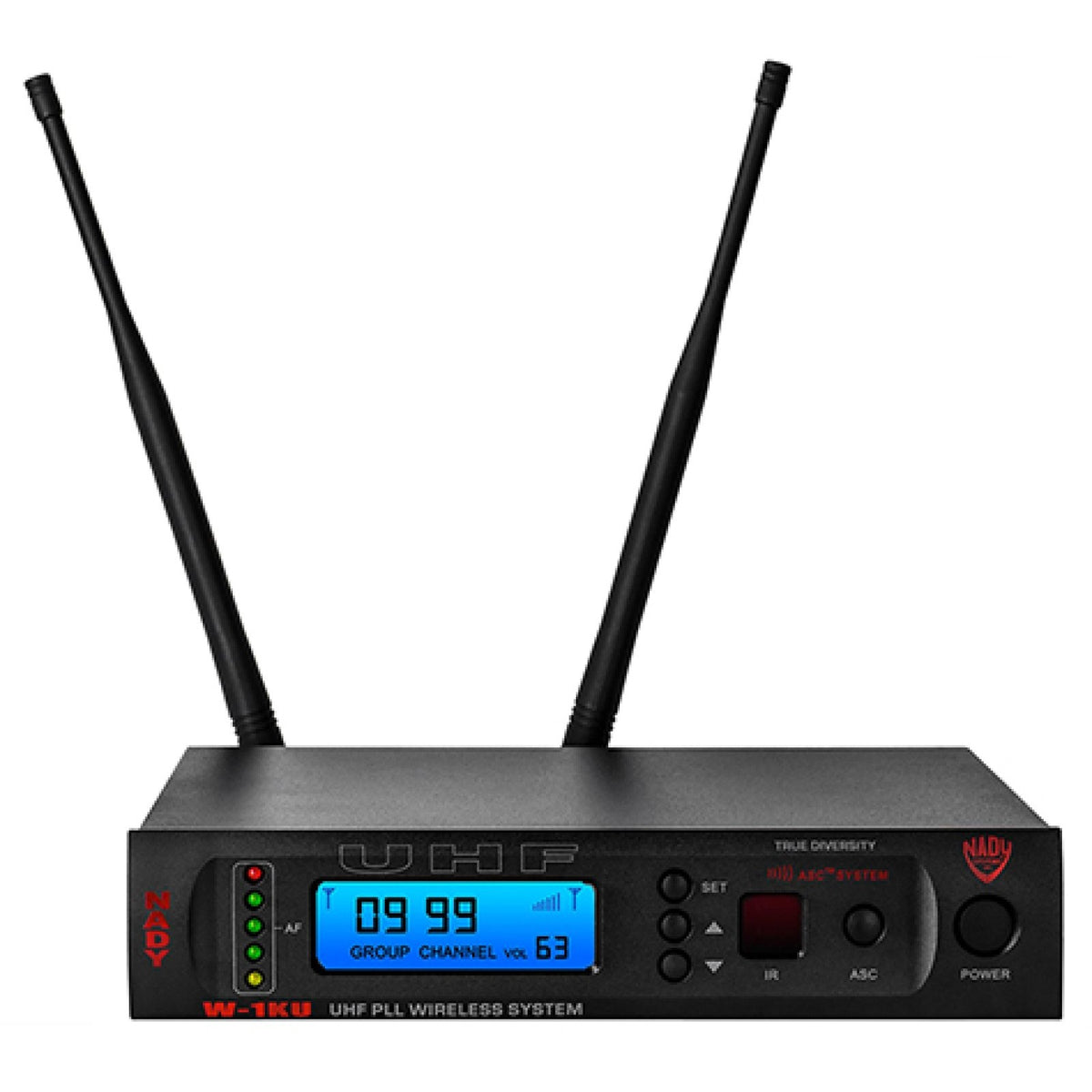 Nady W-1KU LT true diversity UHF receiver, front panel with display and two antennas