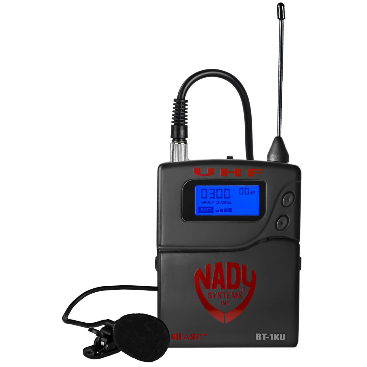 Nady BT-1KU bodypack transmitter with attached lavalier microphone, front display