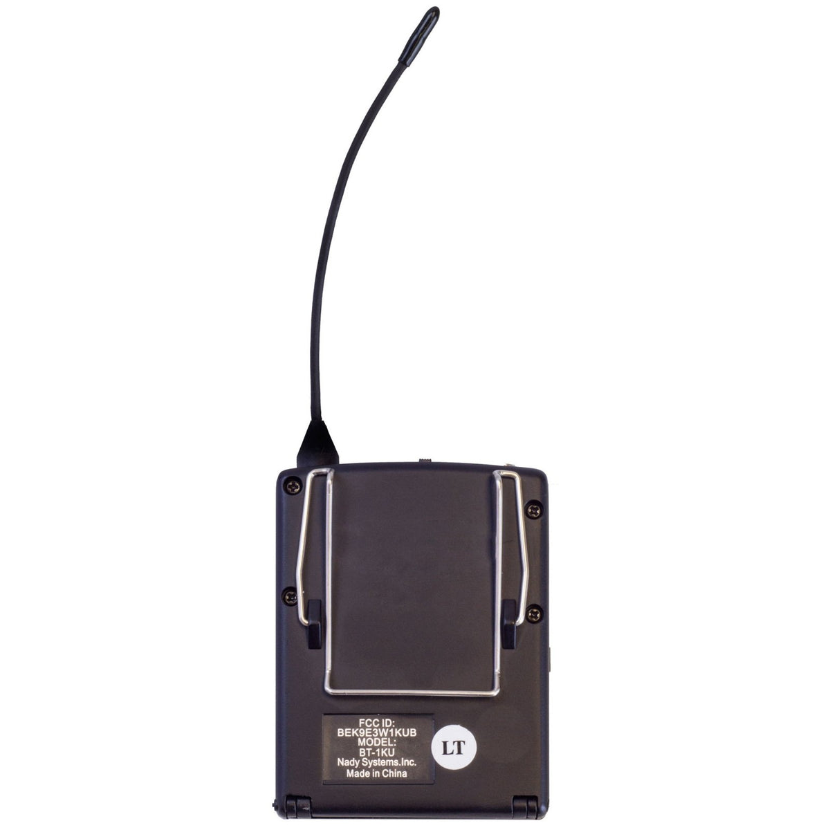 Nady BT-1KU bodypack transmitter, rear with belt clip and antenna