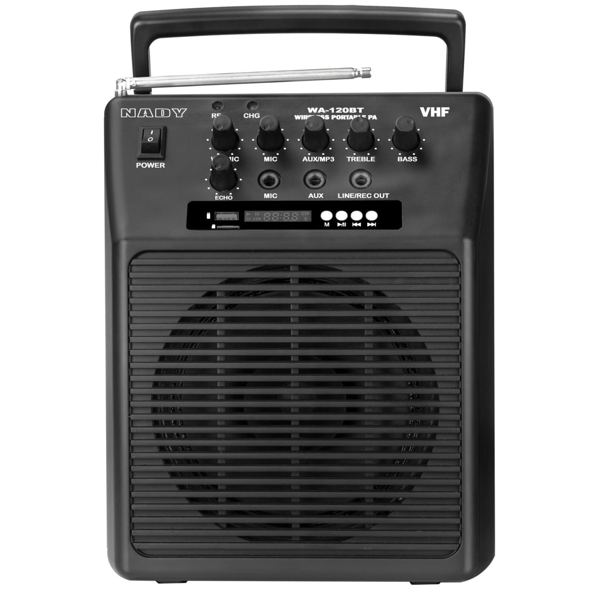 Nady WA-120BT portable PA speaker, front view with control panel and carry handle