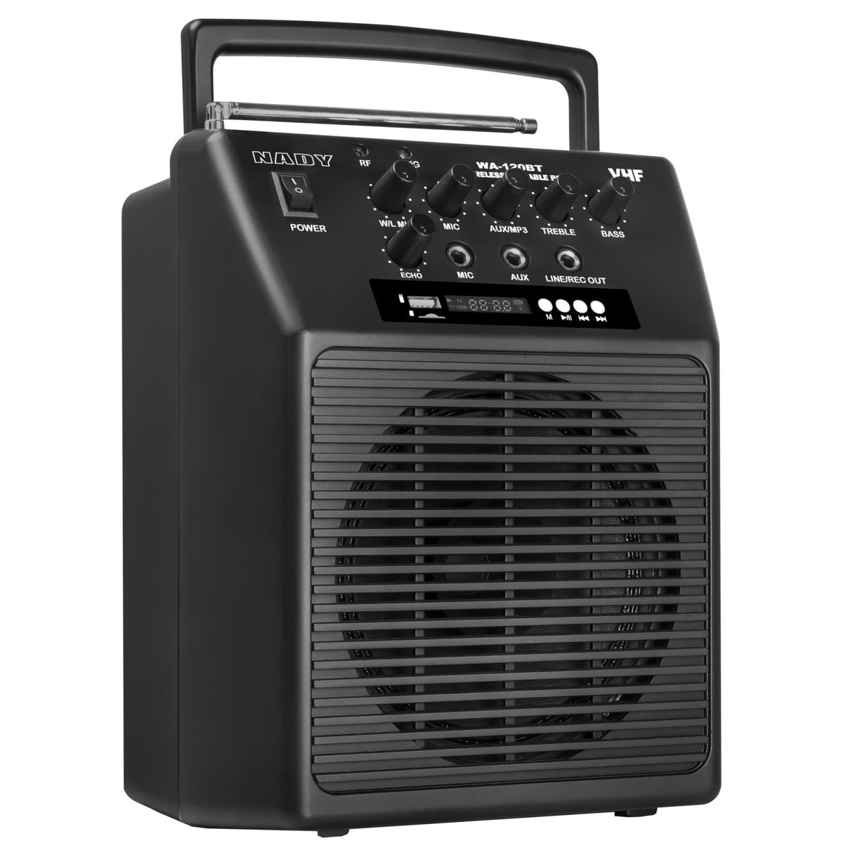 Nady WA-120BT portable PA speaker, angled three-quarter view