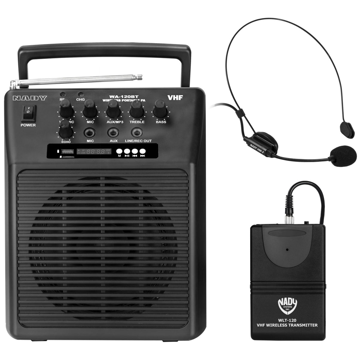 Nady WA-120BT HM wireless portable PA speaker with included headset microphone and WLT-120 bodypack transmitter