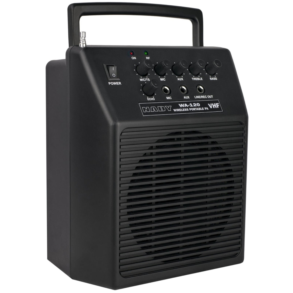 Nady WA-120BT HM portable PA speaker, three-quarter front view with carry handle and control panel