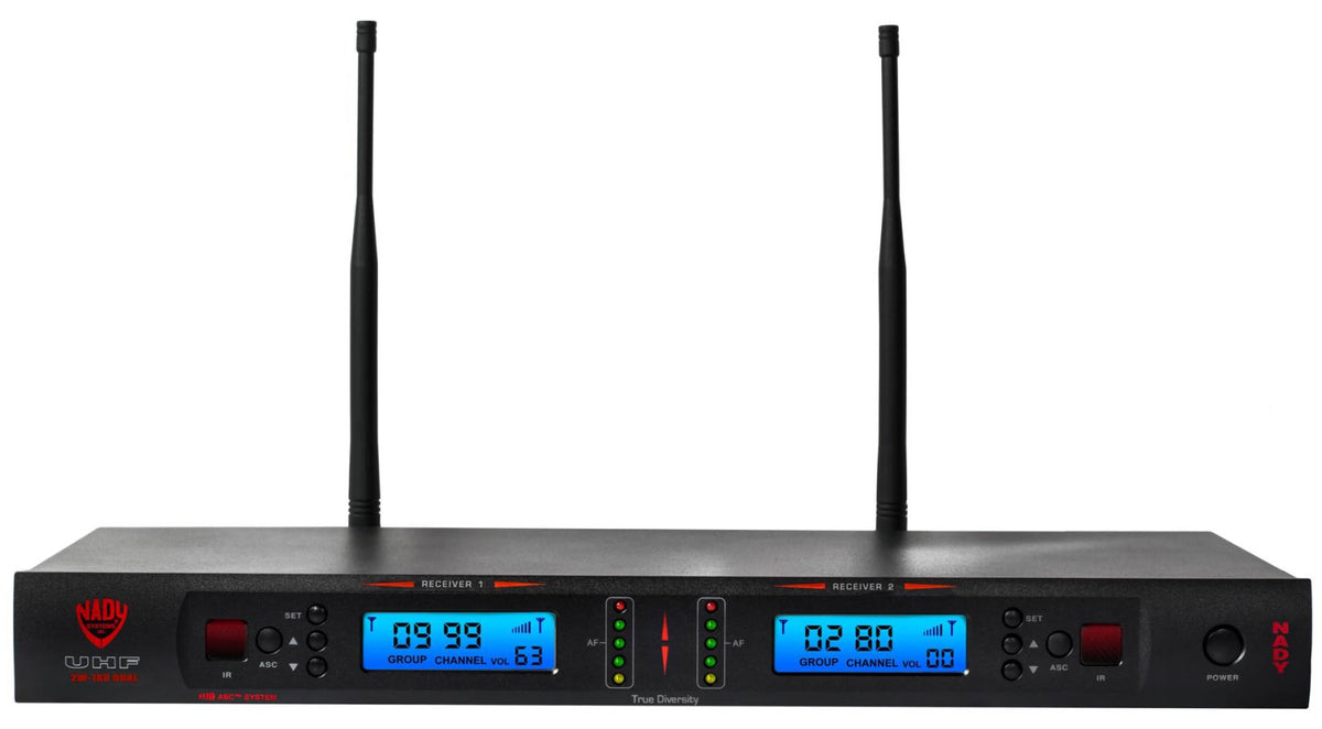 Front panel of the Nady 2W-1KU LT receiver with two blue LCD displays and two antennas