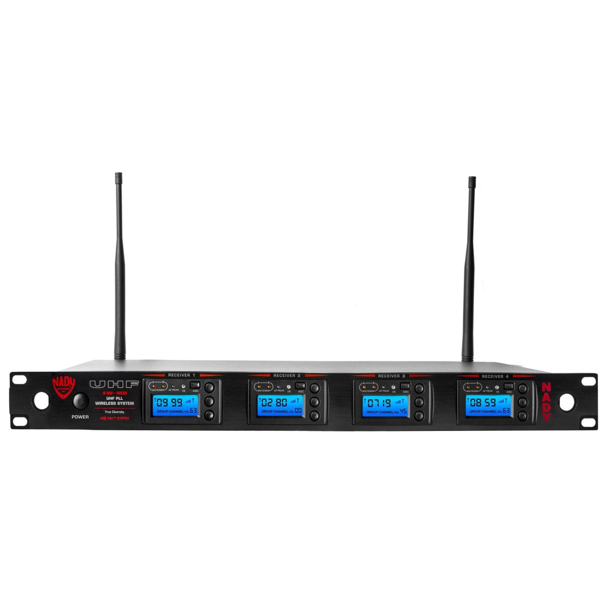 Nady 4W-1KU quad receiver, front panel with four LCD displays and two antennas
