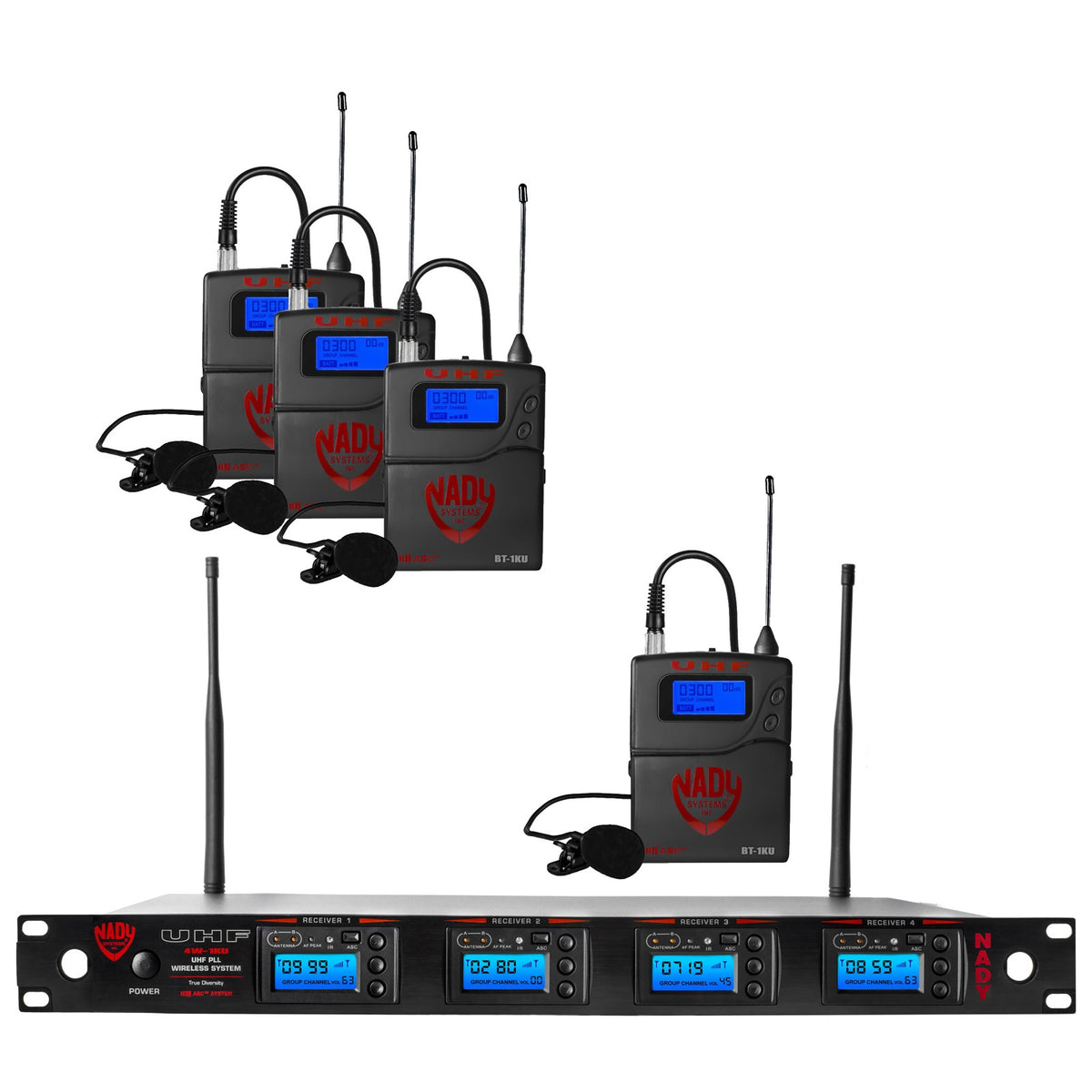 Nady 4W-1KU LT quad UHF wireless system with four bodypack transmitters, lavalier microphones and rackmount receiver