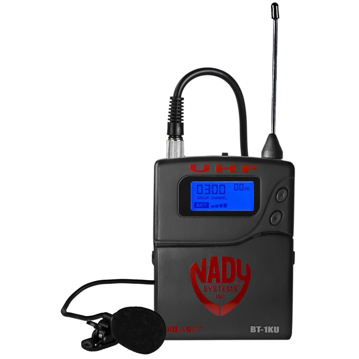 Nady BT-1KU bodypack transmitter with lavalier microphone, front display