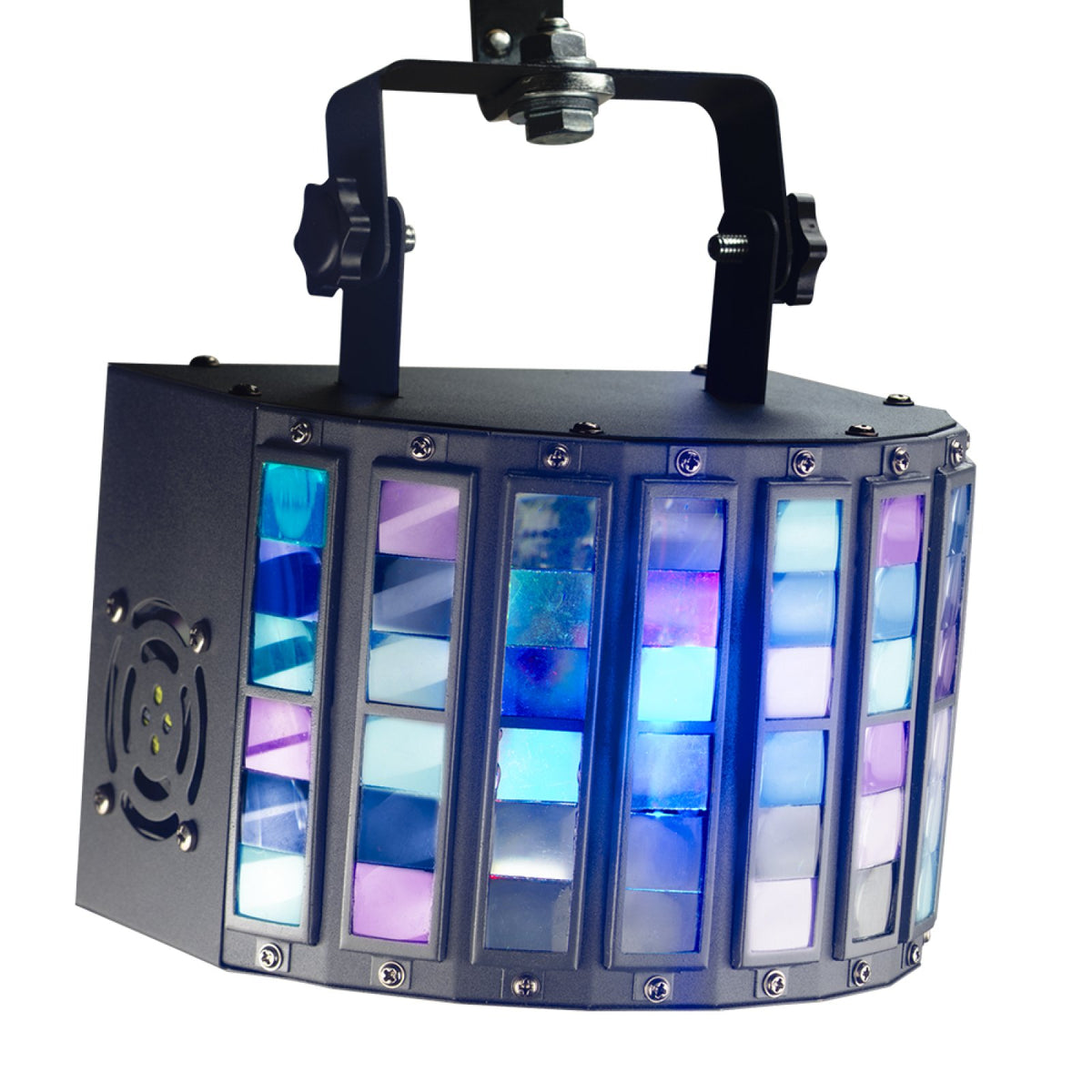 Stagg SLT-DERBY-1 USA derby effect light with its mounting bracket, showing blue, purple and pink LED beams through the front lenses