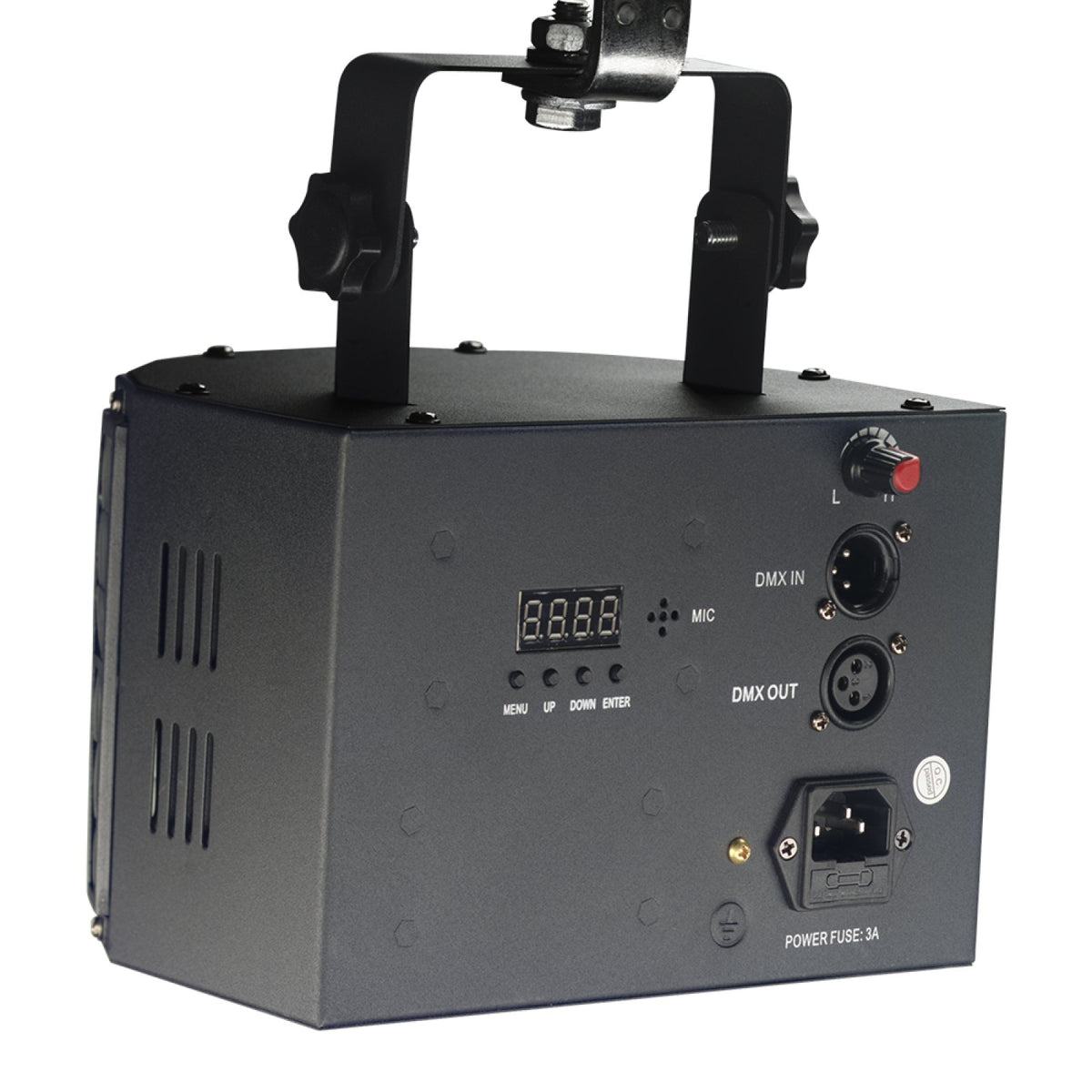 Rear of the Stagg SLT-DERBY-1 USA derby effect light showing the 4-digit display, DMX in and out sockets and IEC power inlet