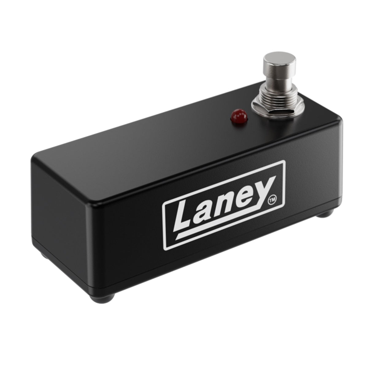 Laney FS1-MINI single footswitch, black metal chassis with Laney logo, one footswitch button and red LED, three-quarter view