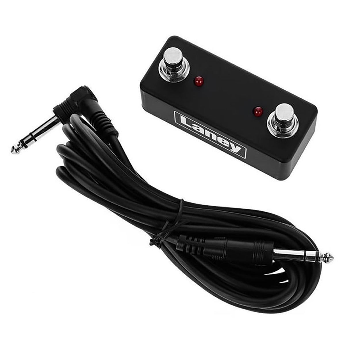 Laney FS2-MINI dual footswitch with its coiled stereo cable and plugs