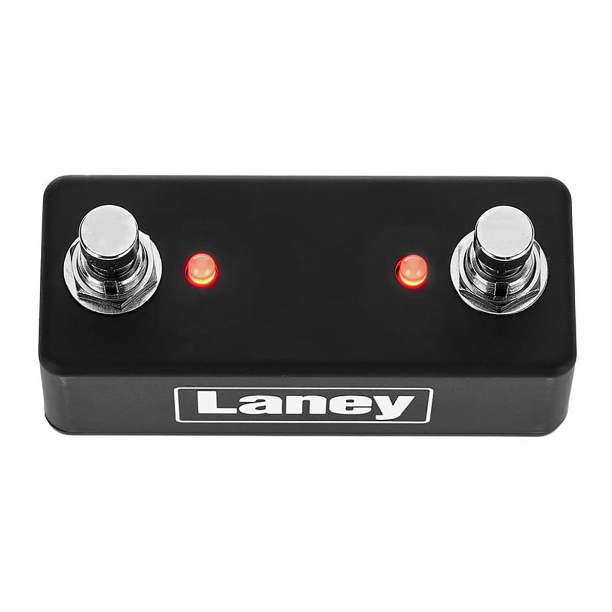 Laney FS2-MINI dual footswitch top view showing two footswitch buttons with lit red LEDs and the Laney logo