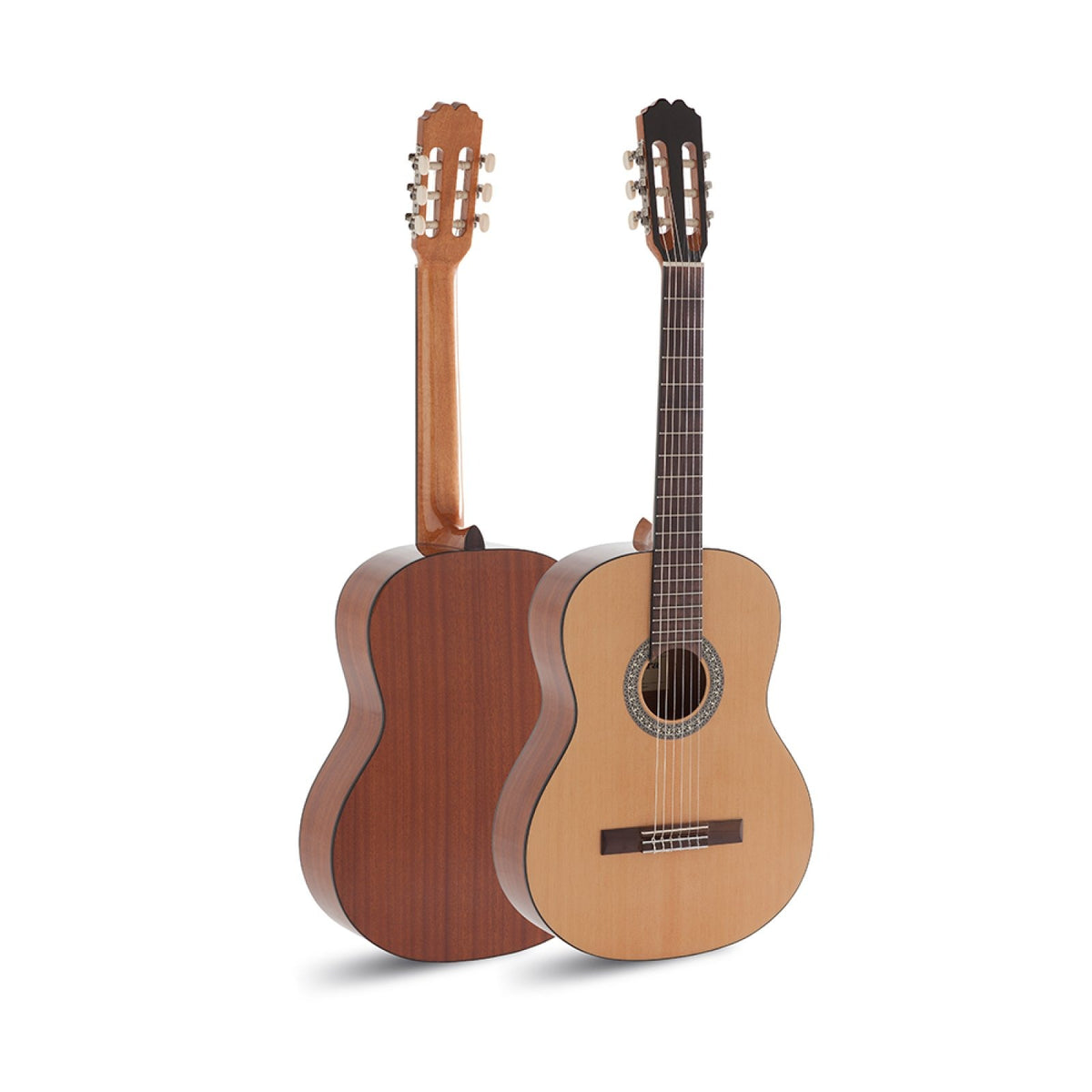 Admira ALBA 3/4 classical guitar, front and back standing side by side