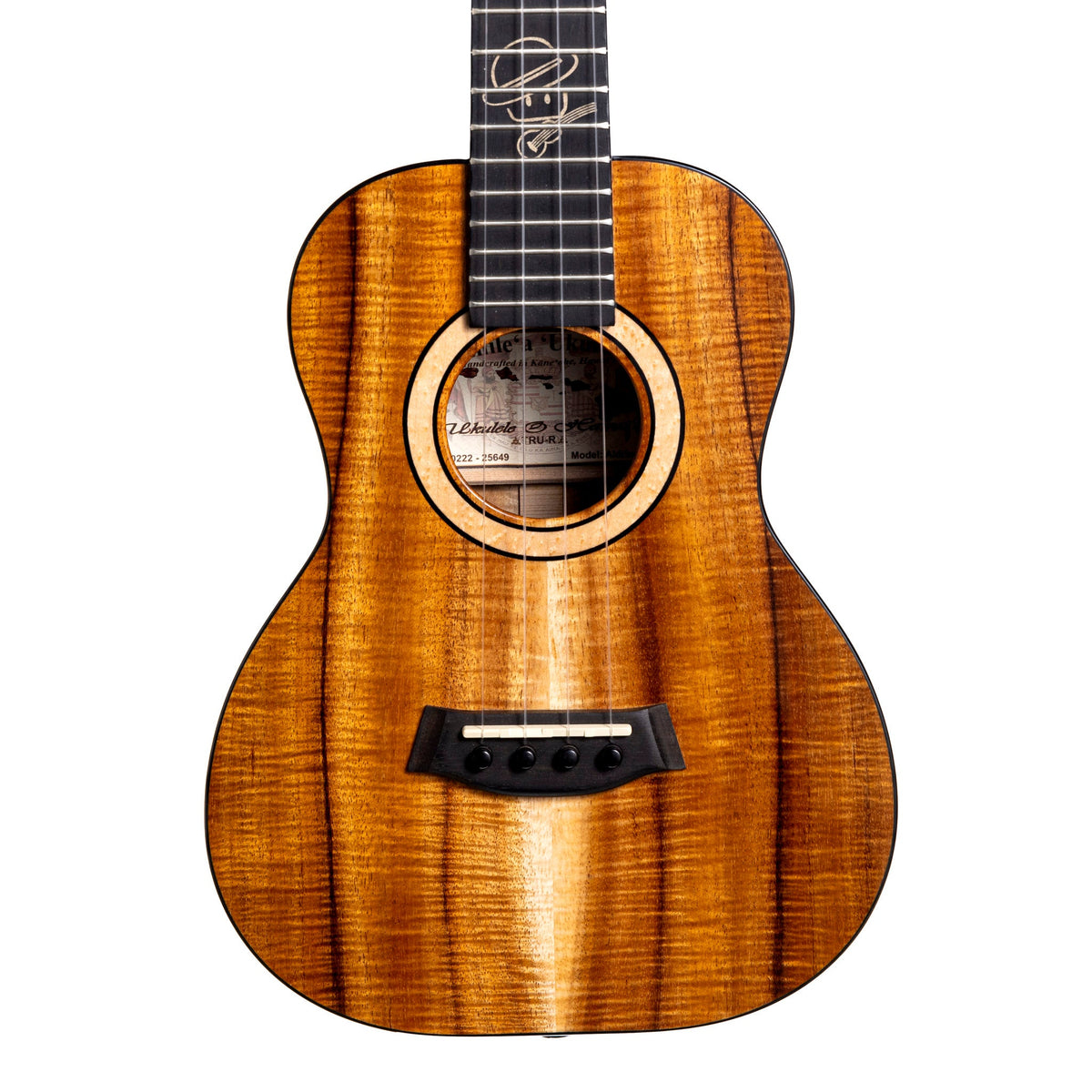 Example photo: an earlier Kanile'a Aldrine tenor, serial 25649, body front with Master Grade koa and bird's eye maple rosette