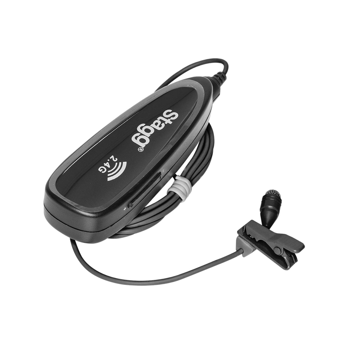 Stagg SUW 12L lavalier microphone clipped to a body-pack transmitter with the 2.4G logo