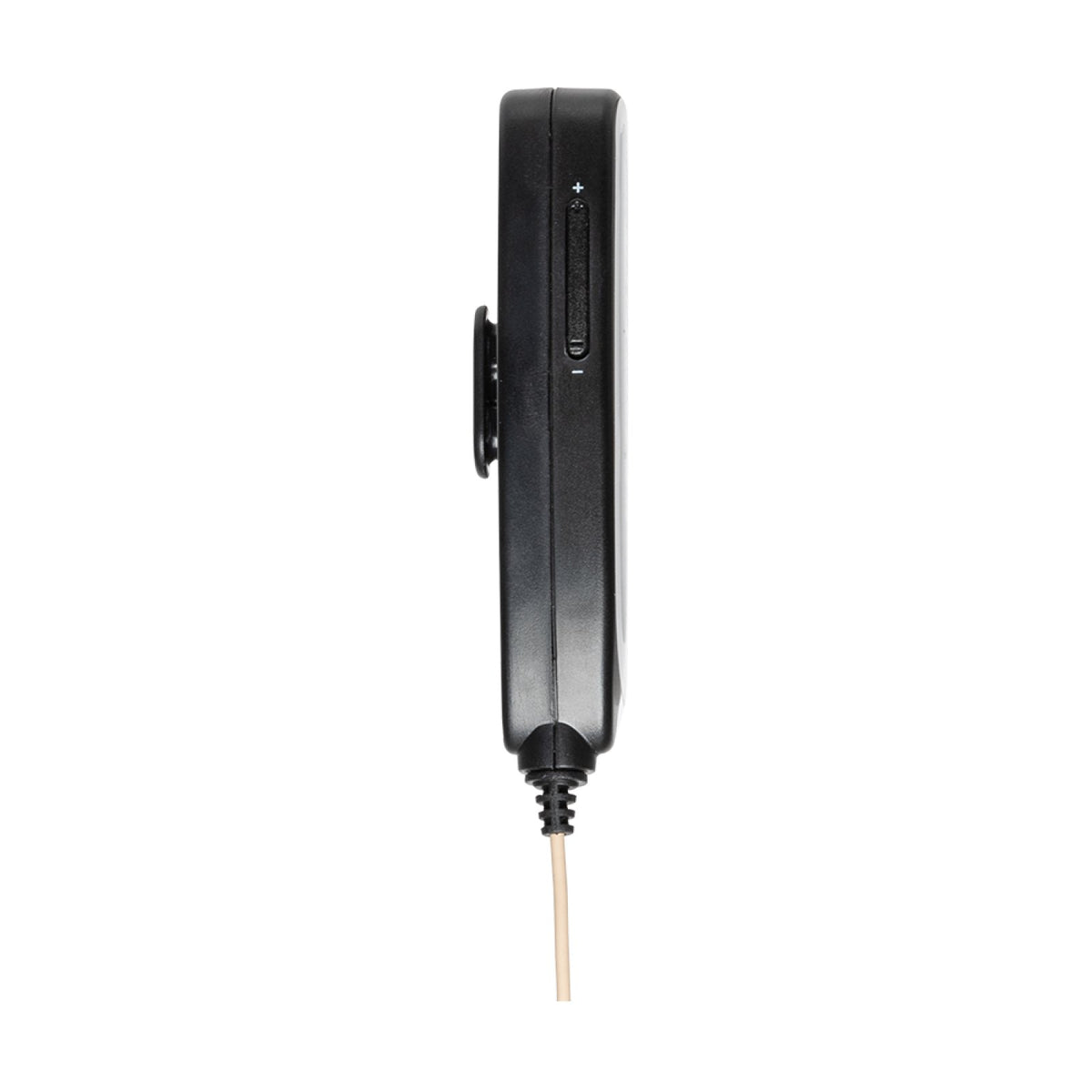 Opposite side of the Stagg SUW 12L transmitter with a clip on the back and the cable exit