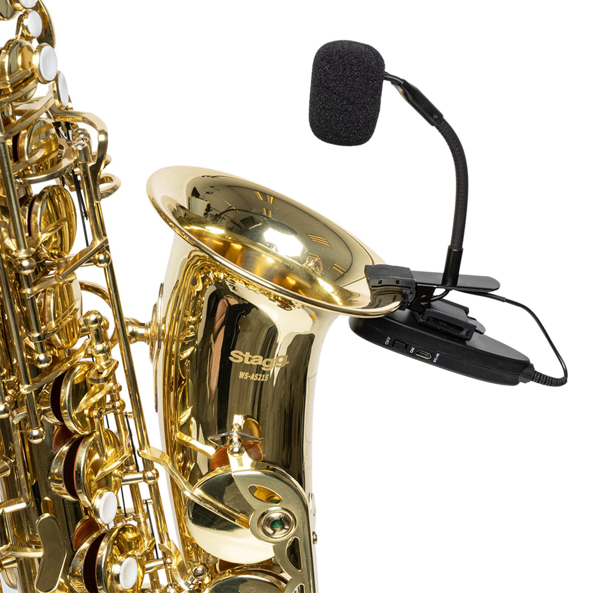 Stagg SUW 12S microphone clipped to the bell of a brass saxophone