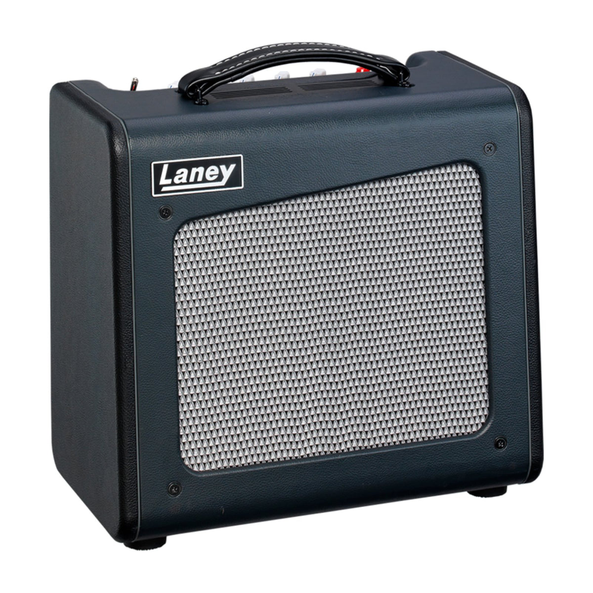 Laney Cub-Super10 10W all-tube guitar combo amp angled front view of the black combo with silver grille cloth and carry handle