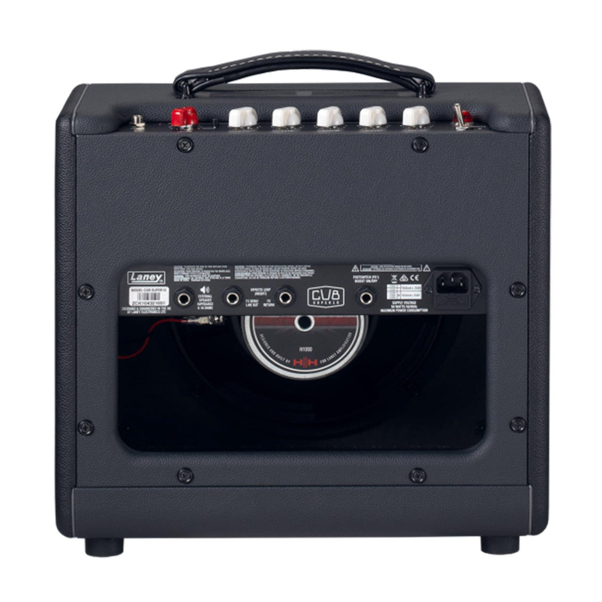 Laney Cub-Super10 10W all-tube guitar combo amp open-back rear view showing the 10 inch speaker and tubes