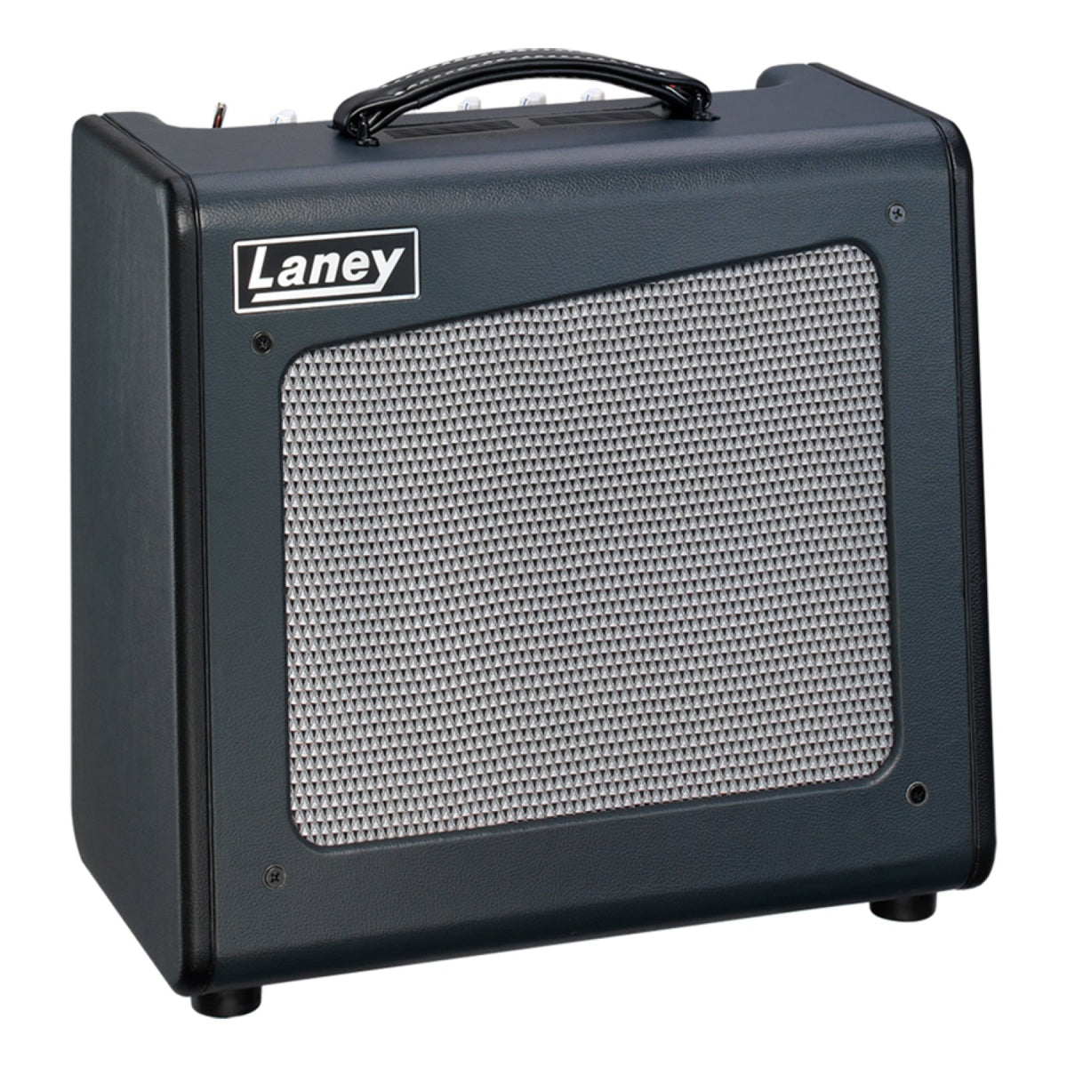 Laney Cub-Super12 15W all-tube guitar combo amp angled front view of the 1x12 black combo with silver grille cloth