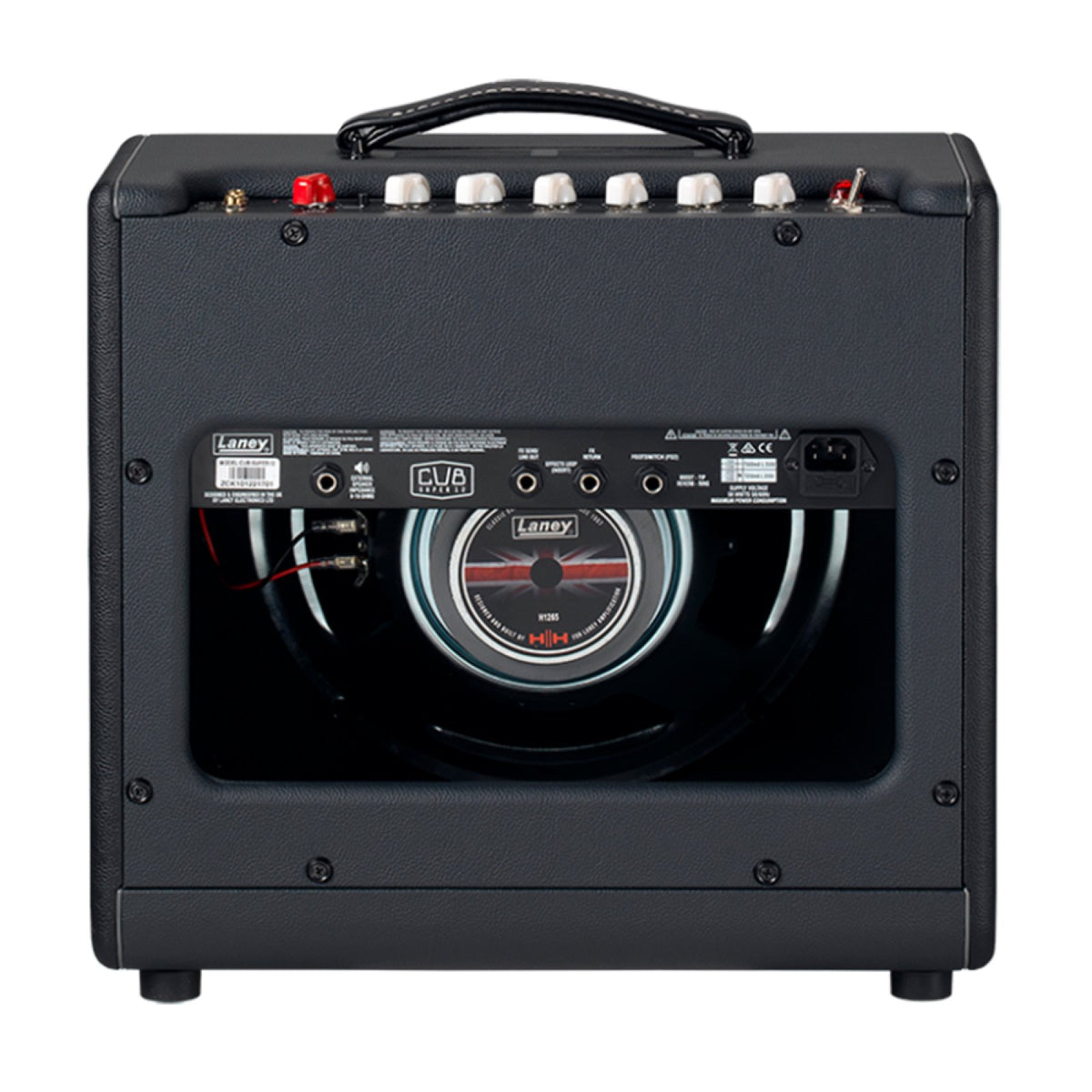 Laney Cub-Super12 15W all-tube guitar combo amp open-back rear view showing the 12 inch speaker and preamp tubes