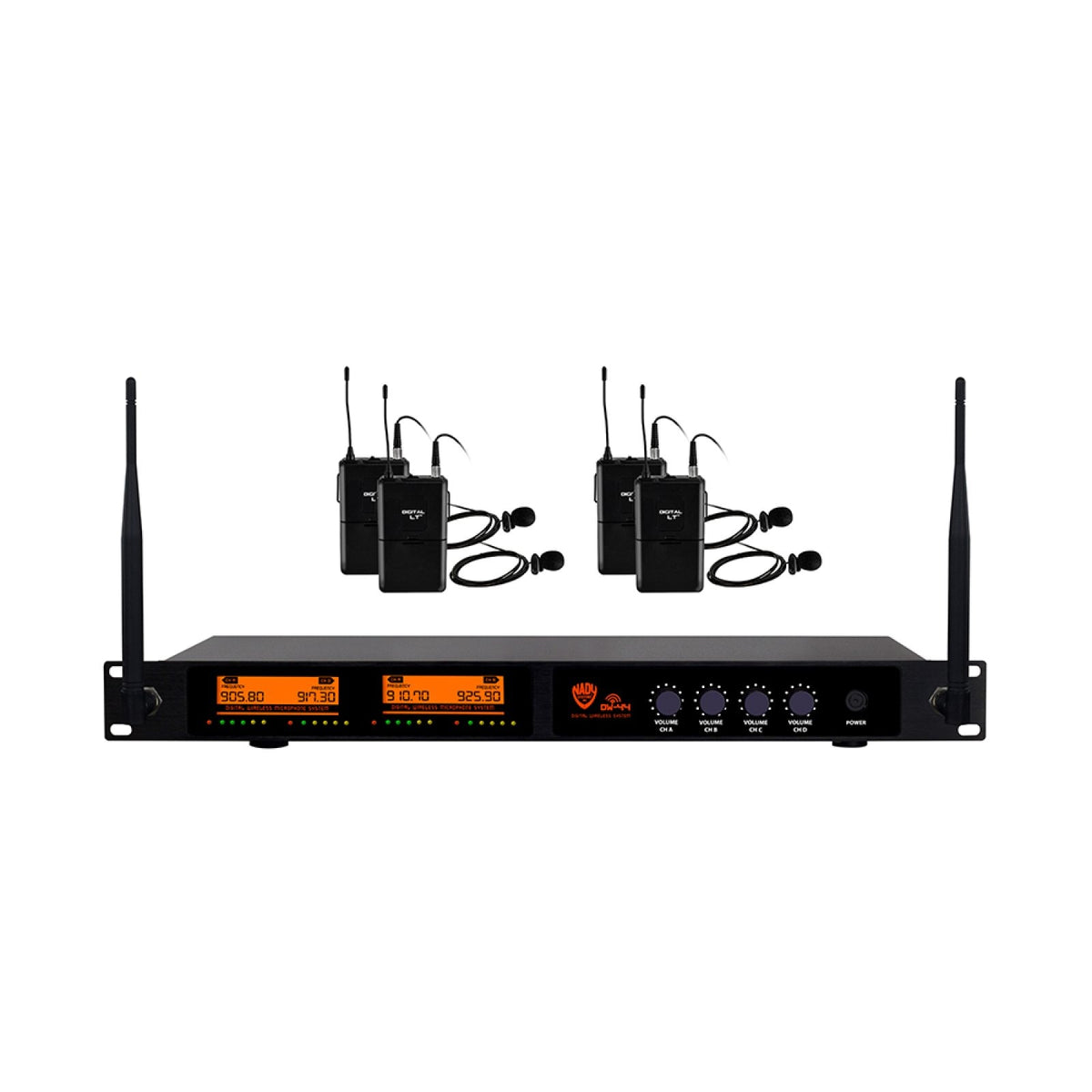 Nady DW-44 quad digital wireless system with rackmount receiver and four bodypack transmitters with lapel microphones