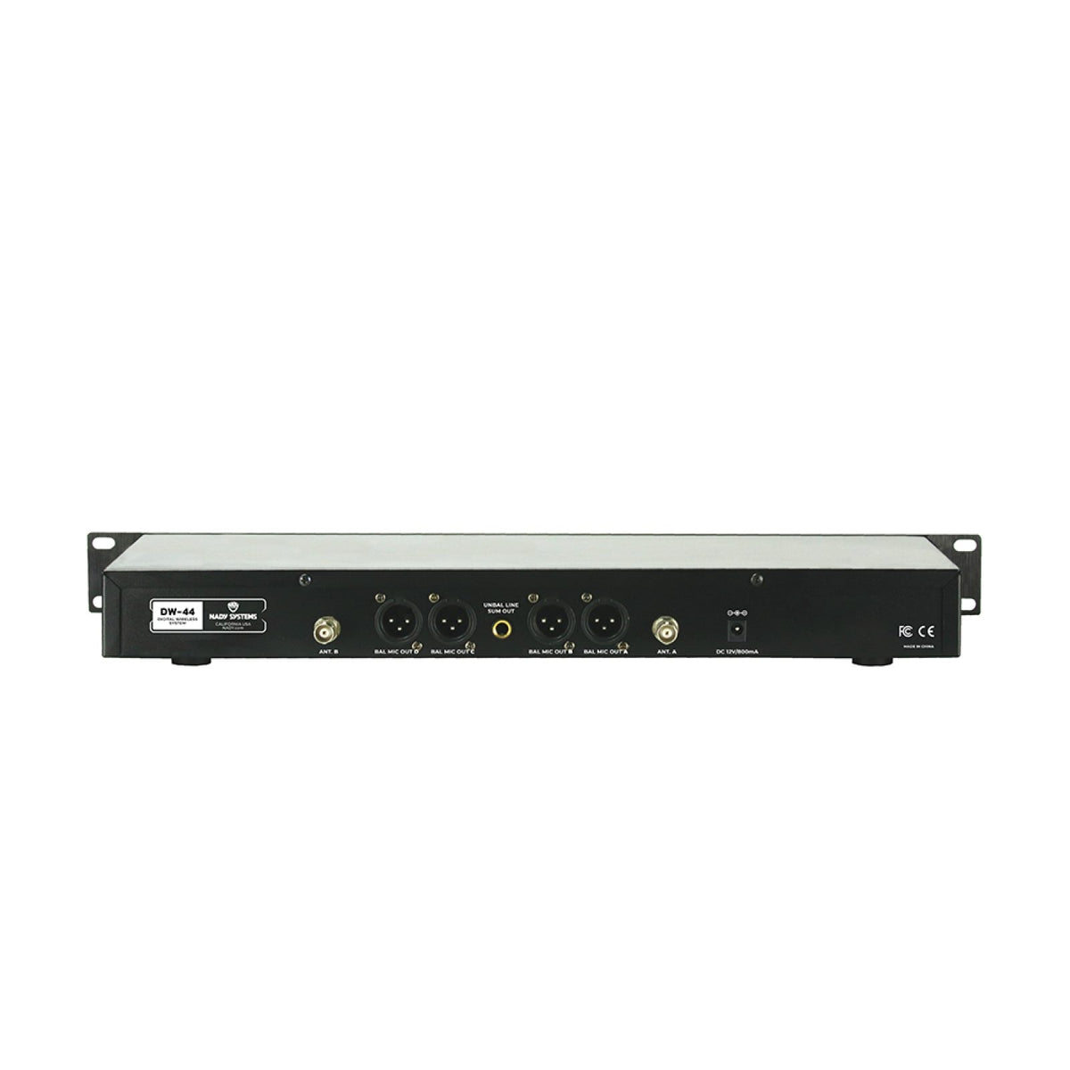 Nady DW-44 receiver rear panel with XLR outputs and antenna inputs
