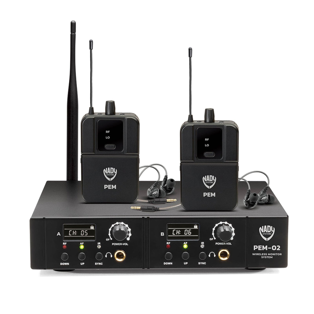 Nady PEM-02 dual-channel wireless in-ear monitor system with two bodypack receivers and earphones on the transmitter