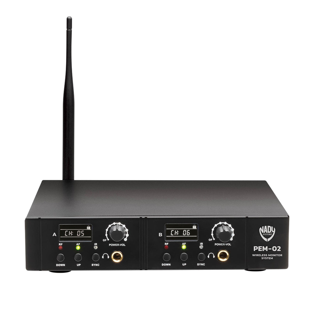 Nady PEM-02 dual-channel transmitter, front panel with channel displays and headphone outputs