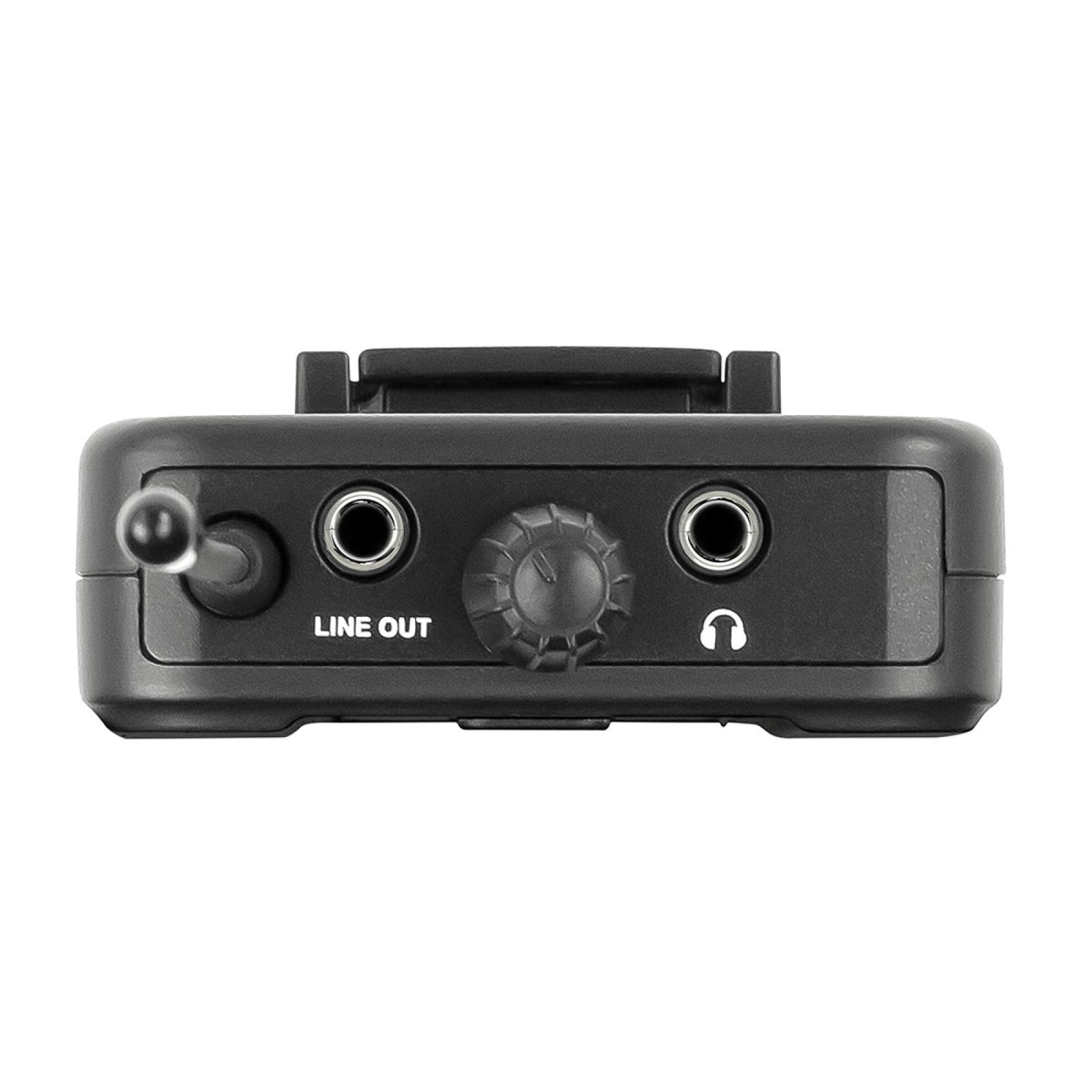 Nady PEM bodypack receiver, top view showing line out jack, volume knob and headphone jack