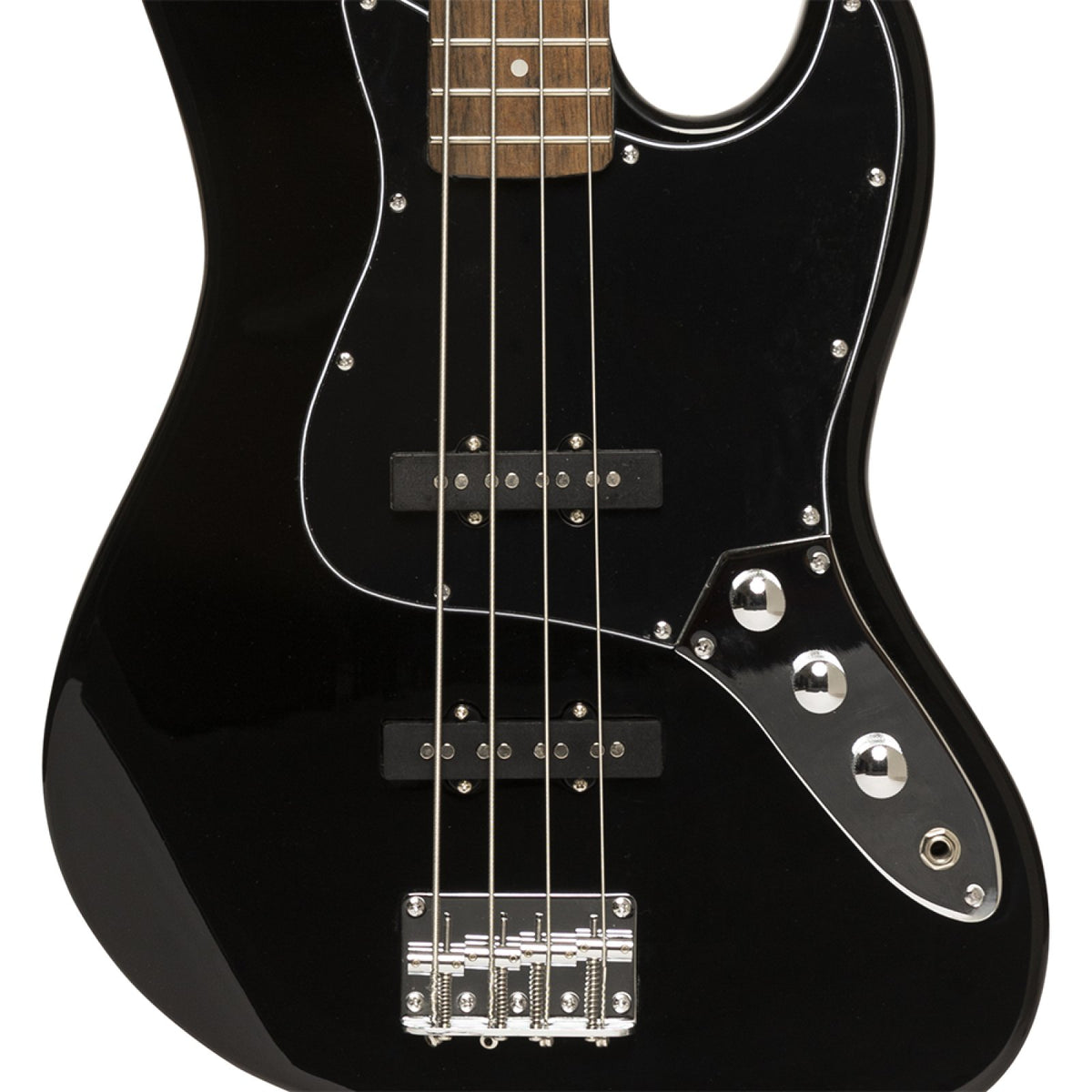 Stagg SBJ-30 BLK bass body close-up with black pickguard, JB pickups, bridge and controls