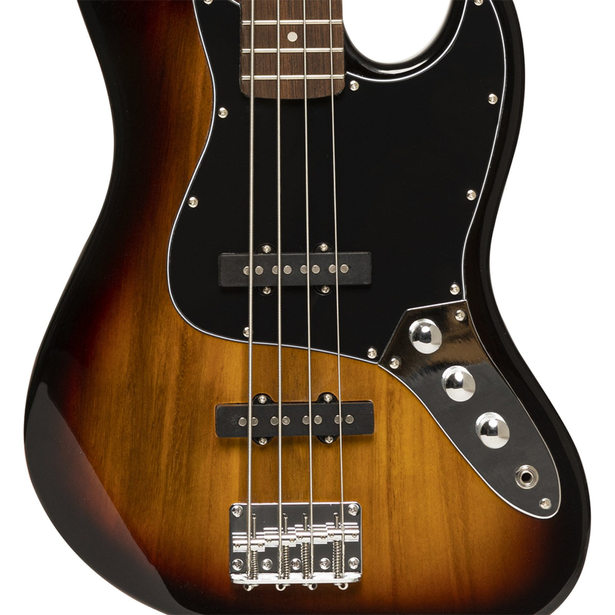 Close-up of the sunburst Stagg SBJ-30 bass body with black pickguard, two JB pickups, controls and bridge