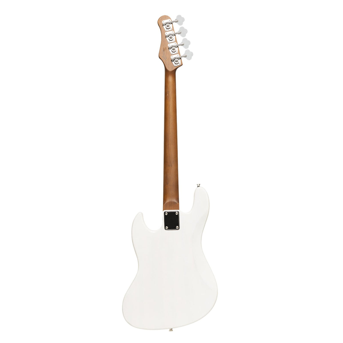 Back of the White Blonde Stagg SBJ-30 bass showing the roasted maple neck and white body